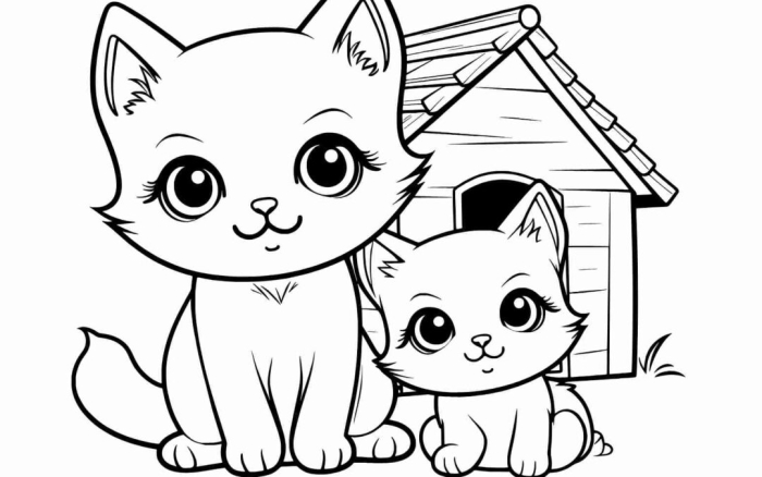 A delightful coloring worksheet showcasing a mommy cat with her playful kittens. Color the Mommy Cat and Kittens worksheet for Pre-K students.