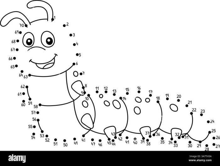 Caterpillar Dot-to-Dot Counting Activity Page 9 Kindergarten student connecting the dots to reveal a friendly caterpillar shape on a math practice worksheet
