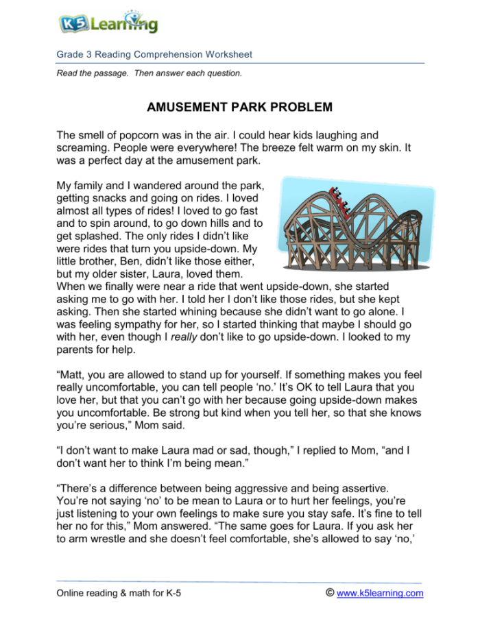 Worksheet for practicing cause and effect relationships in reading comprehension about an amusement park day