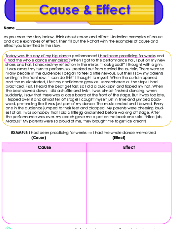 Worksheet illustrating cause and effect relationships in a story about a day at the amusement park