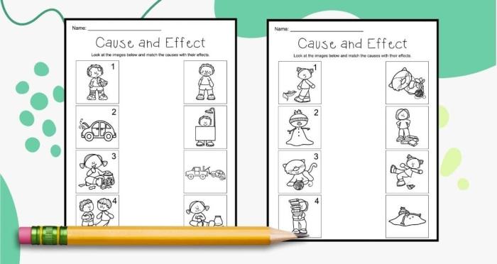 Worksheet illustrating cause and effect concepts for first graders focusing on integers and rational numbers