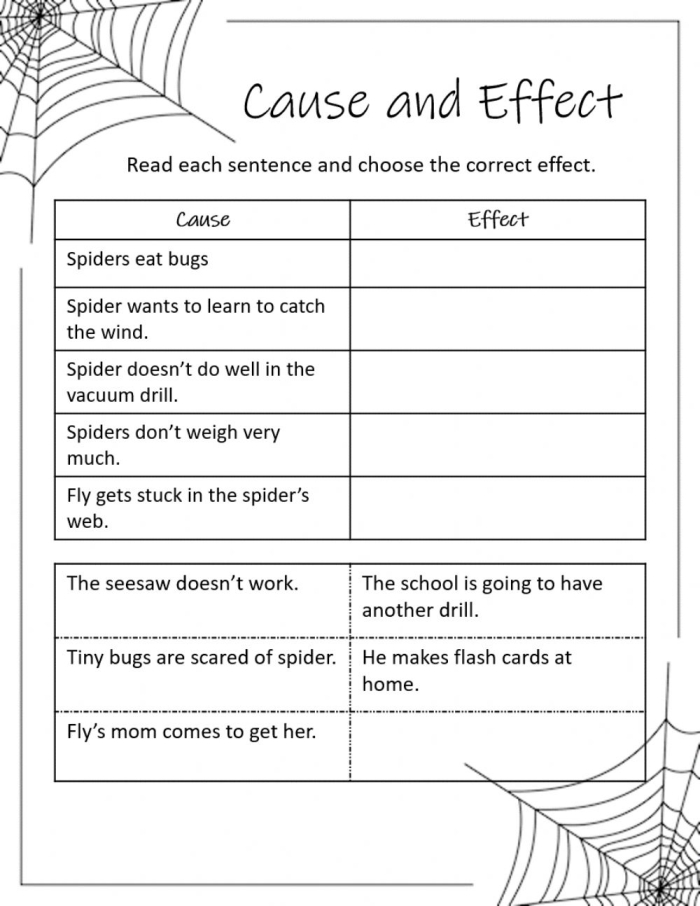 Worksheet illustrating cause and effect concepts for first graders focused on integers and rational numbers