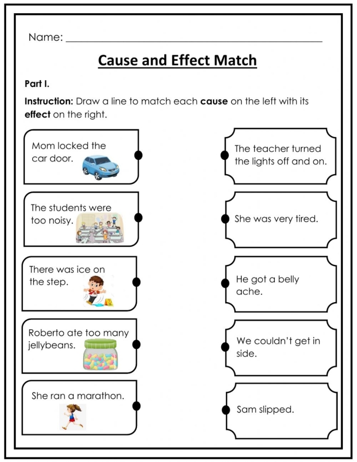 Worksheet illustrating cause and effect concepts for first graders focusing on integers and rational numbers