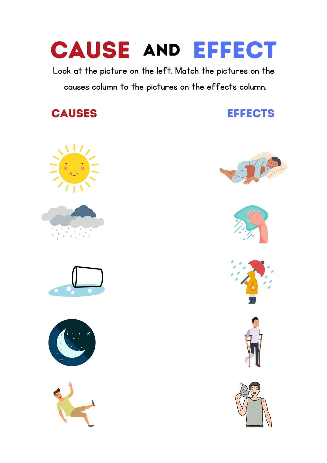 Worksheet illustrating cause and effect concepts for first graders
