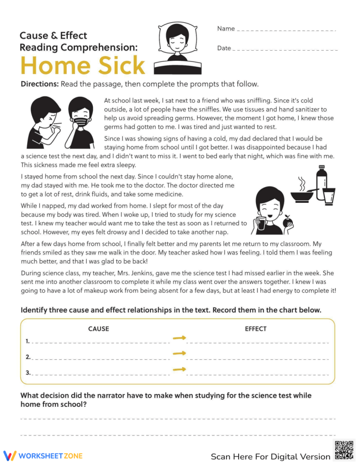 Worksheet featuring Cause and Effect reading comprehension about a day at the amusement park