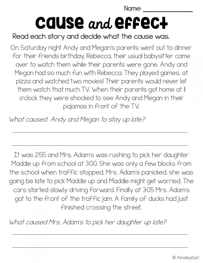 Worksheet illustrating cause and effect relationships in a fictional story about an amusement park. Cause and Effect Reading Comprehension: My Day at the Amusement Park Worksheet for Third Grade.