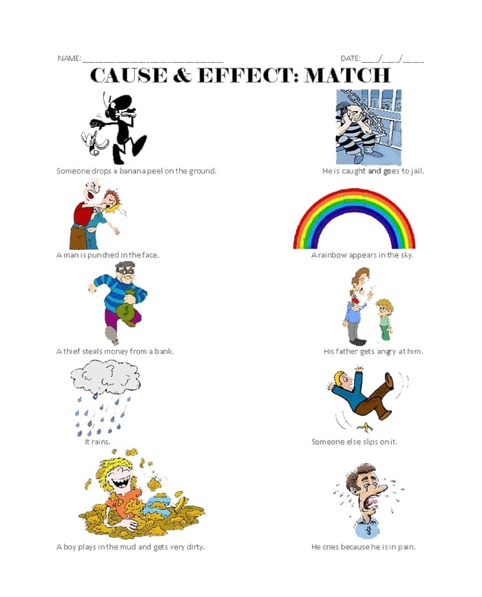 Second grade worksheet for identifying cause and effect relationships with numbers and counting exercises