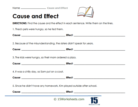 Identifying Cause and Effect worksheet for second graders to enhance logical thinking and reading skills