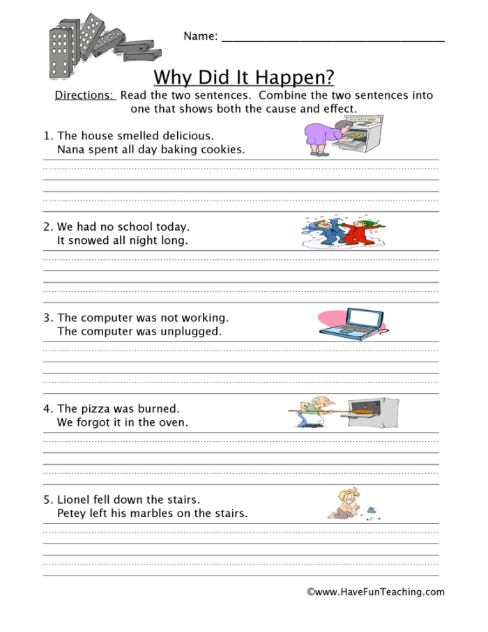 Worksheet for teaching first graders about cause and effect concepts