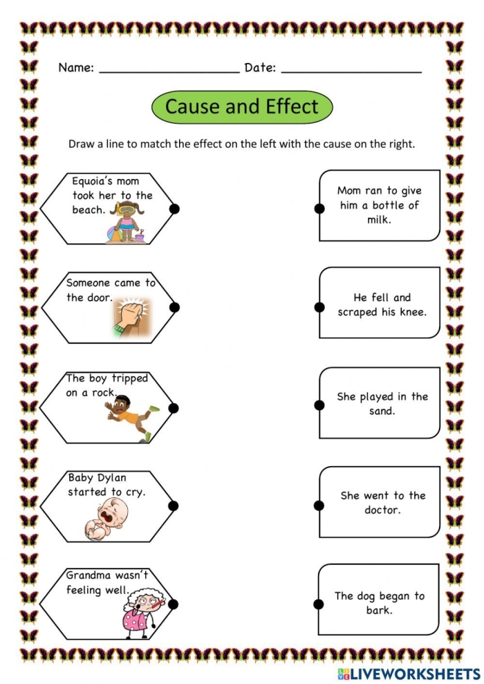 Cause and effect worksheet designed for first graders to improve reading skills