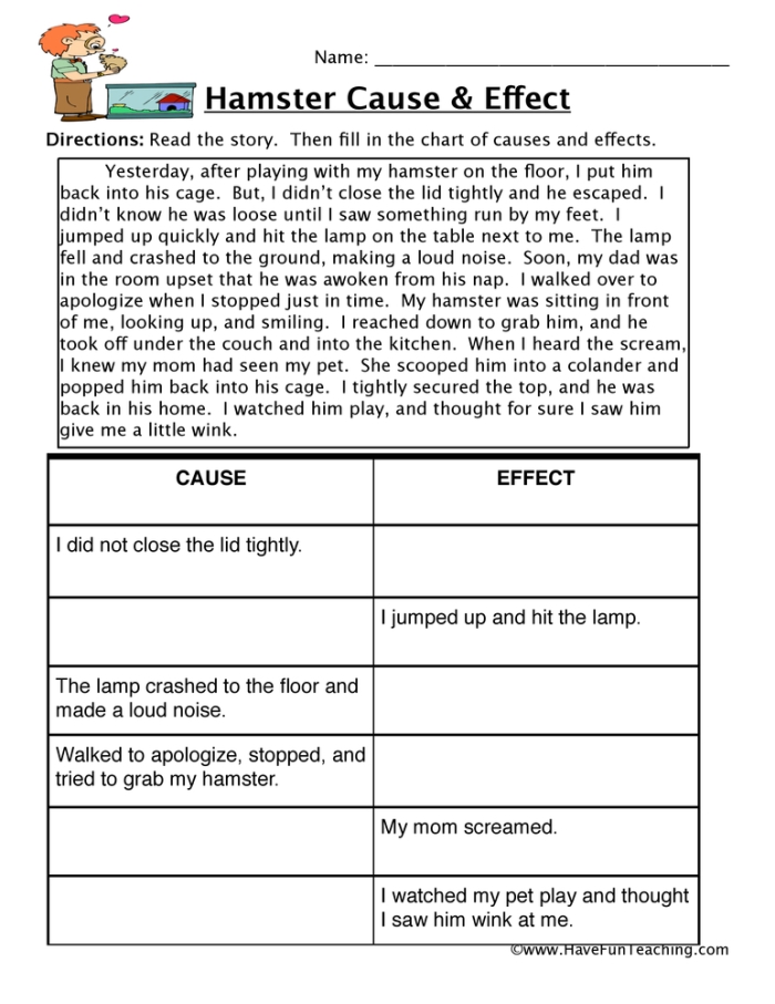 Second grade students identifying cause and effect relationships on a counting and logic worksheet