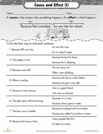 Second grade student filling out a colorful identifying cause and effect worksheet