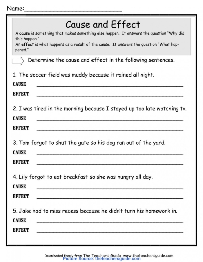 First grade worksheet explaining cause and effect for reading practice