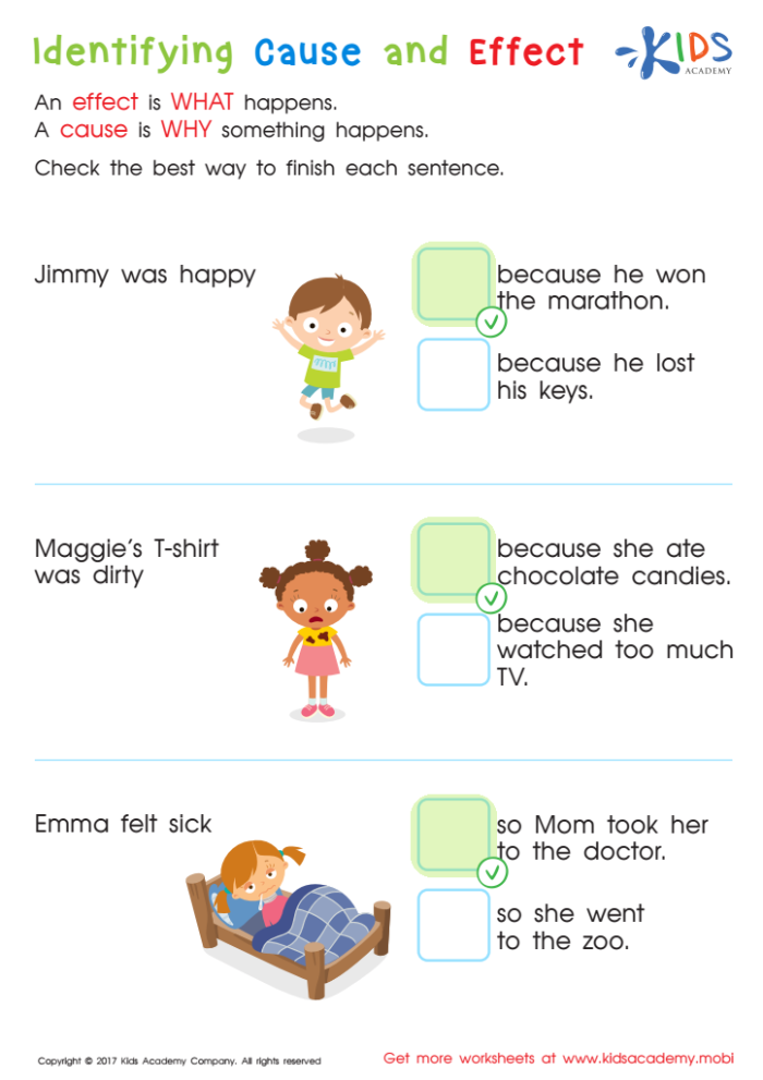 Second grade student completing an Identifying Cause and Effect worksheet to practice reading comprehension