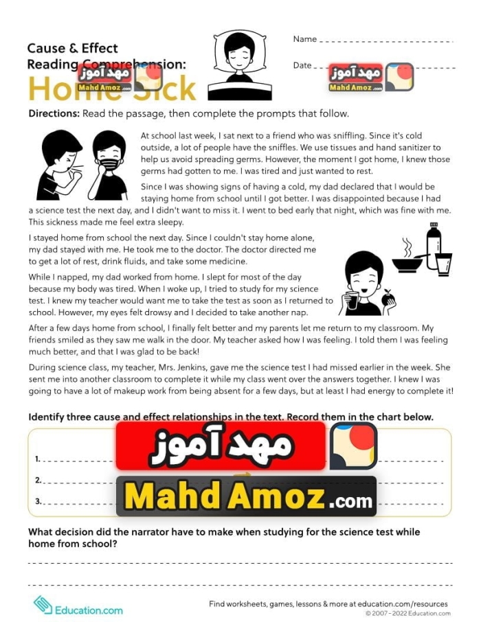Children engaging with the Cause & Effect Home Sick reading comprehension worksheet