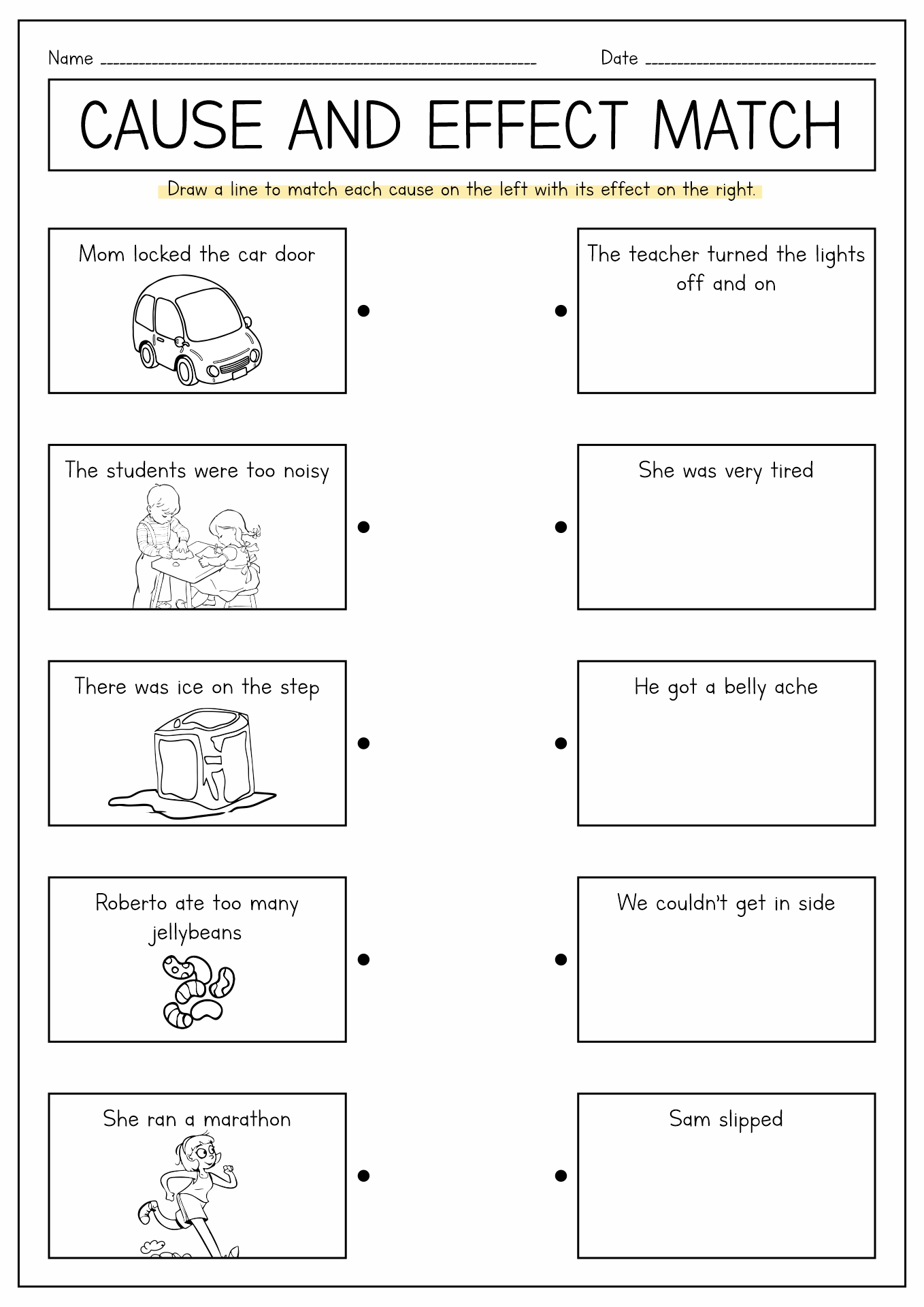 Children working on the Cause & Effect reading comprehension worksheet about being home sick
