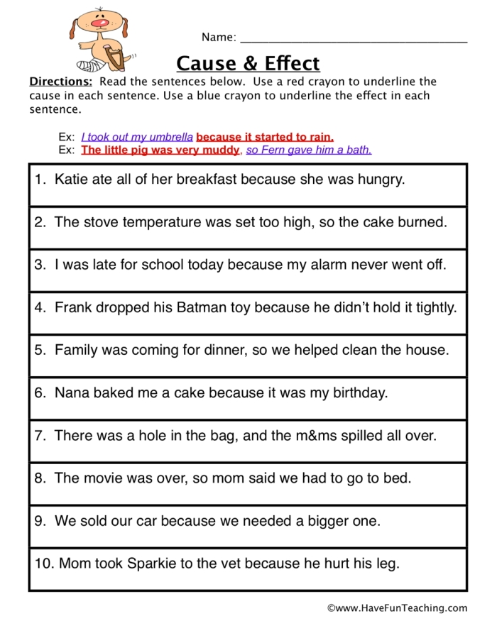 First grade reading worksheet explaining cause and effect relationships 24