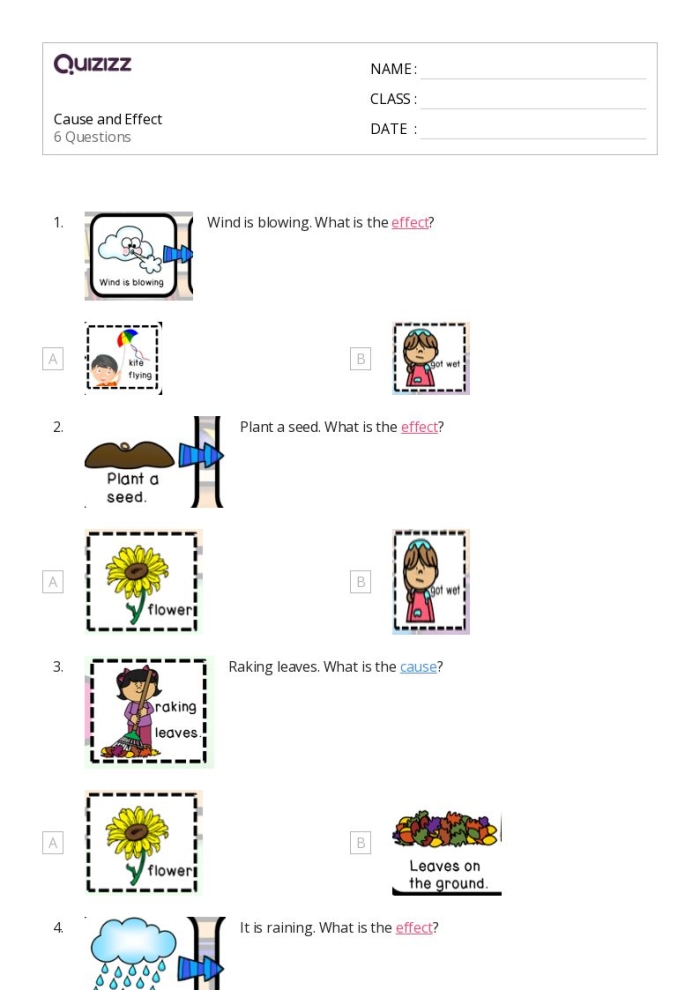 Worksheet illustrating cause and effect for first graders