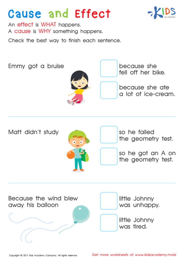 First grade reading worksheet featuring cause and effect exercises for children