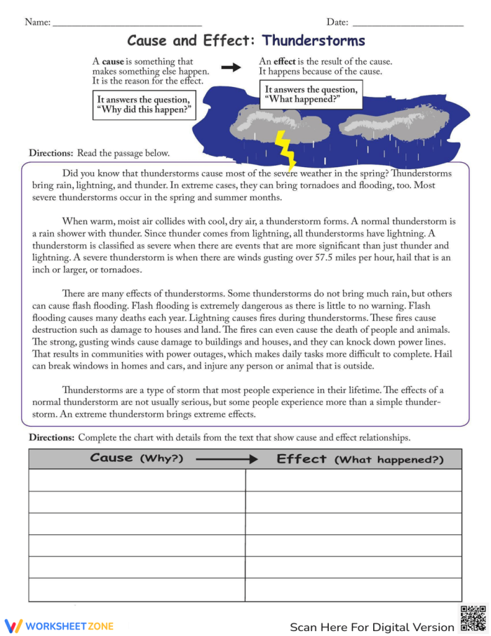 Third grade students identifying cause and effect relationships in a reading passage about thunderstorms worksheet 25
