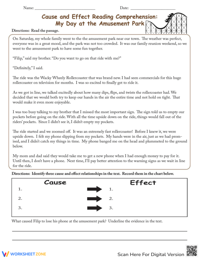 Worksheet for practicing cause and effect in reading comprehension about a day at the amusement park