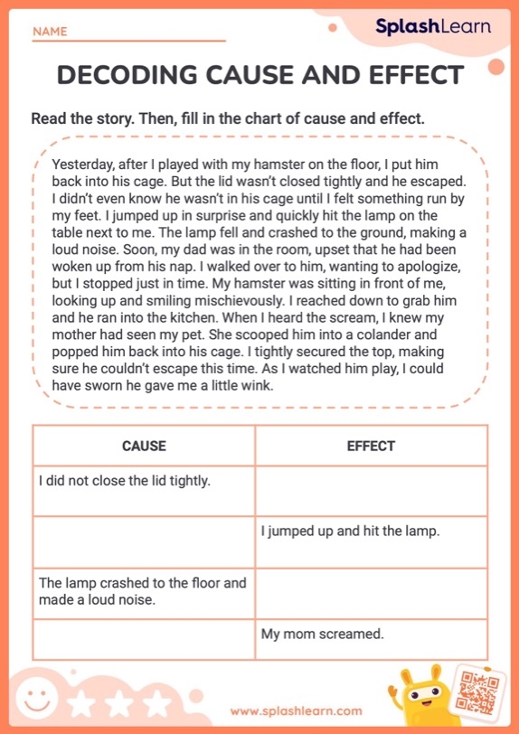 Worksheet showing cause and effect relationships in a fiction text about a day at the amusement park