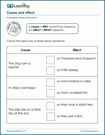 Worksheet illustrating cause and effect relationships in a story about a day at the amusement park