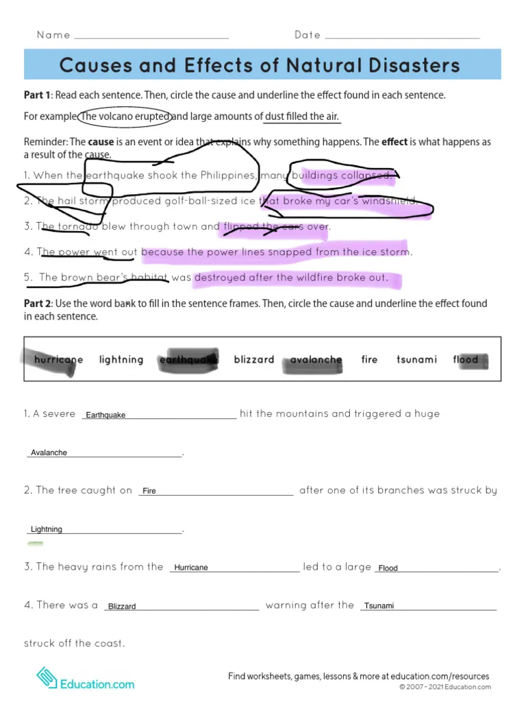 Engaging educational worksheet on natural disasters for grade 5 students Worksheet illustrating the causes and effects of natural disasters for fifth graders