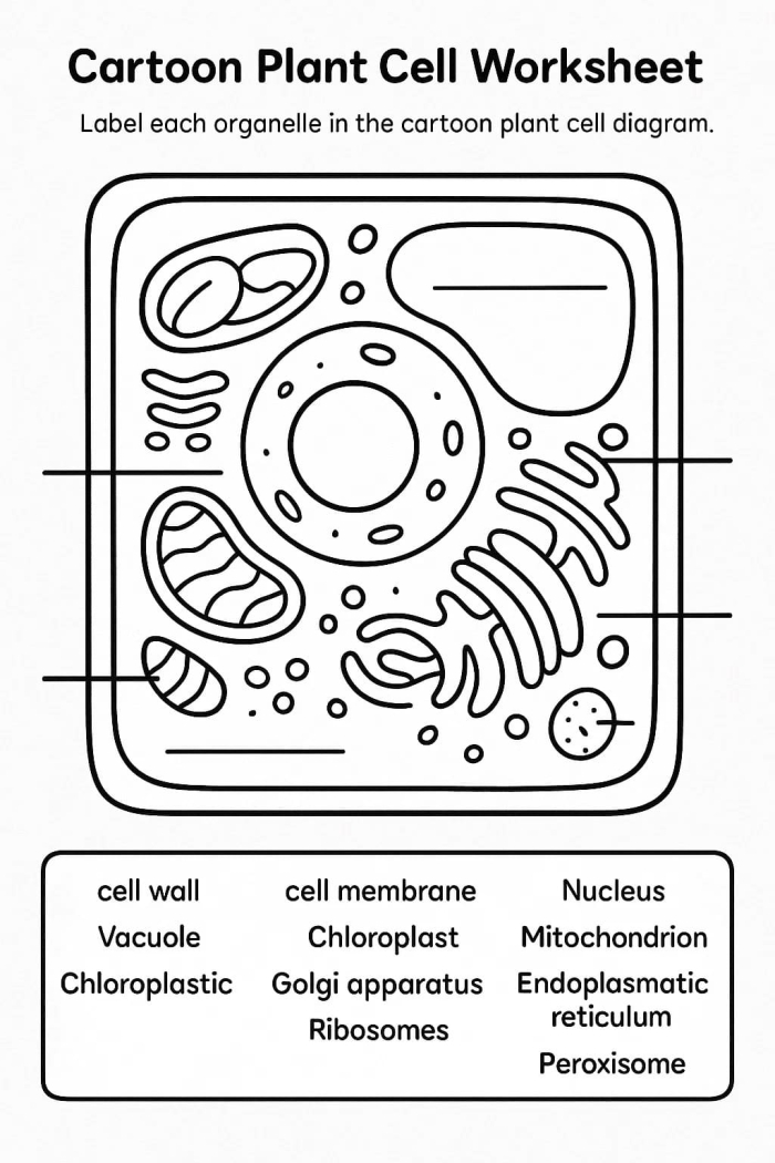Labeled diagram of a plant and animal cell with numbered parts to color by subtraction answers for fifth grade science