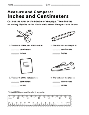 Second grade student using a ruler to measure pencils in both centimeters and inches on a measurement worksheet