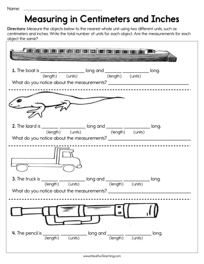 First grade student worksheet featuring objects to measure in centimeters using mini rulers