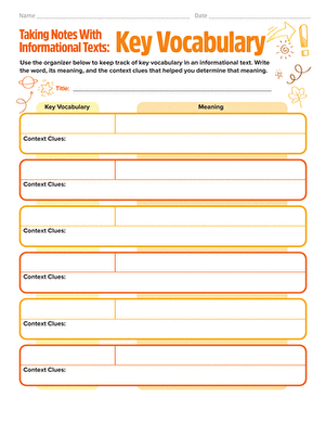 Graphic organizer worksheet showing a central idea circle connected to four surrounding boxes for recording key details from informational text