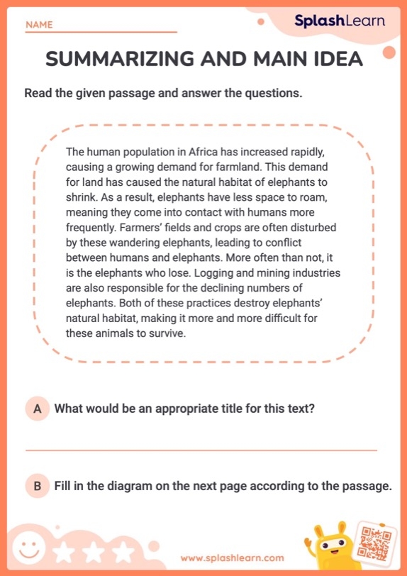 Graphic organizer worksheet showing spaces for students to identify central idea and supporting key details from informational text