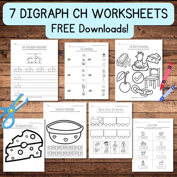 Worksheet featuring the letter 'CH' sound for early learners to identify words