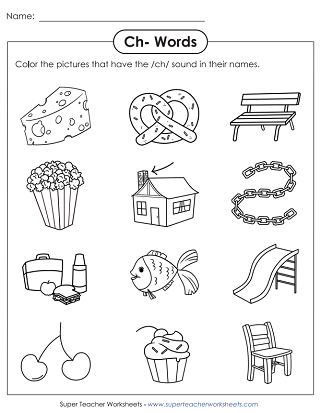 Worksheet featuring words that start with the ch sound for early learners