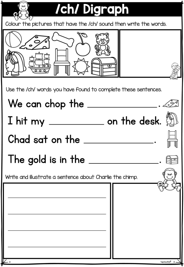 Preschooler working on a Letter Book worksheet featuring illustrations of words that start with the ch sound
