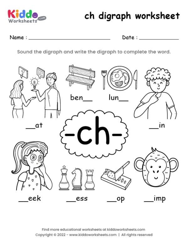 Worksheet image illustrating words that begin with the ch sound for young learners