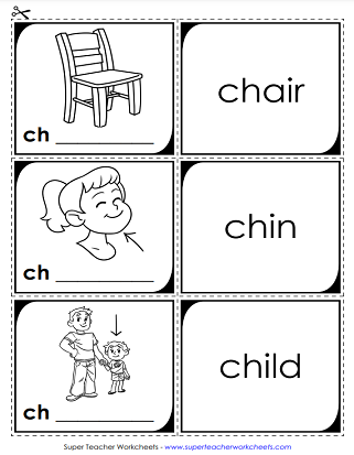 Preschool student identifying words starting with the CH sound on a letter book worksheet