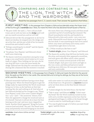 Sixth grade reading worksheet showing character analysis questions about The Lion the Witch and the Wardrobe with text excerpt for close reading practice