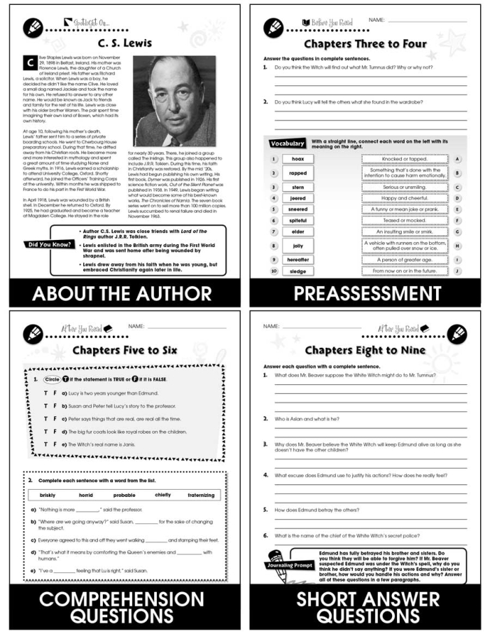Sixth grade reading worksheet showing character analysis questions about The Lion the Witch and the Wardrobe with text excerpt