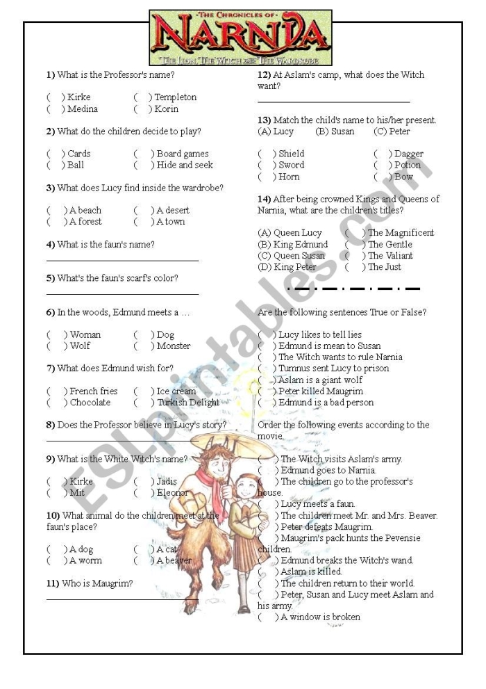 Sixth grade worksheet for analyzing characters in The Lion the Witch and the Wardrobe excerpt