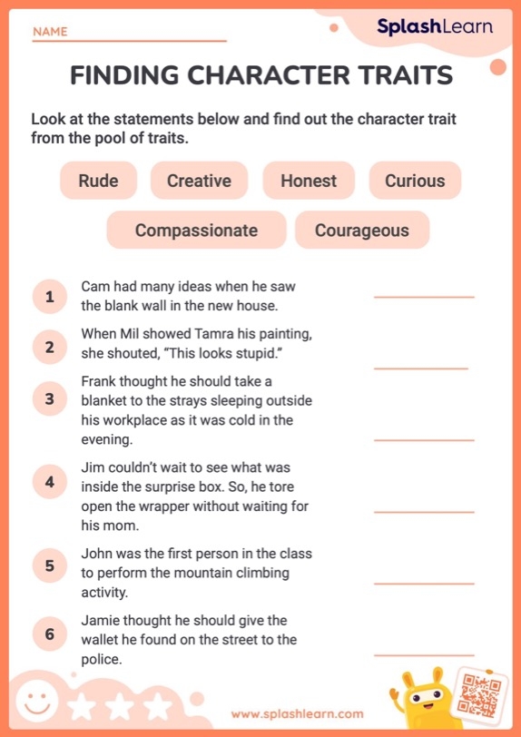 Fifth grade student completing a Read and Compare Character Traits worksheet about character analysis