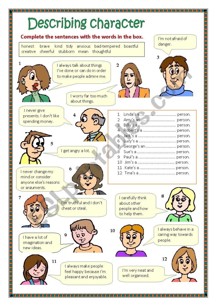 Worksheet for describing a character in mixed operations activities, image 2 Character analysis worksheet for first graders featuring a colorful graphic organizer