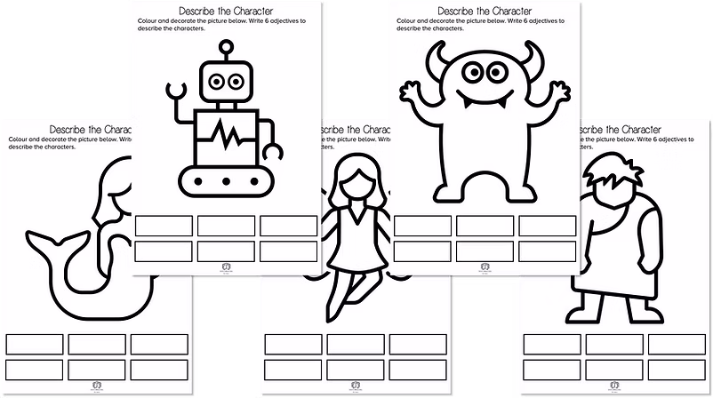 Describe a Character worksheet for young readers in Grade 1 Character analysis worksheet for first graders featuring a graphic organizer