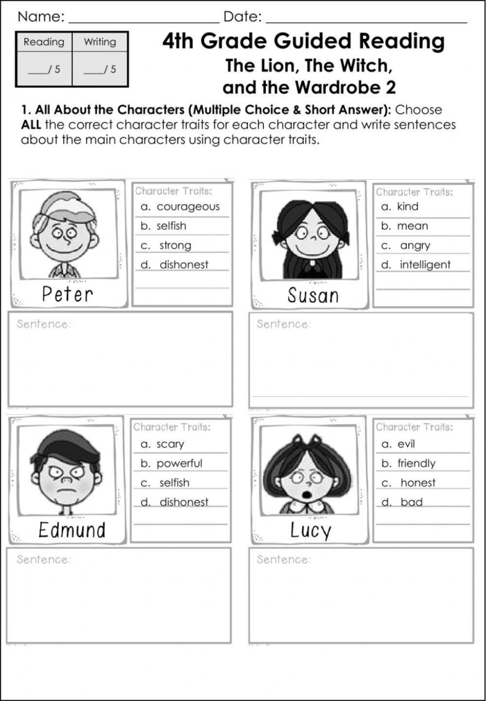 Sixth grade reading worksheet featuring a character analysis exercise based on an excerpt from The Lion the Witch and the Wardrobe
