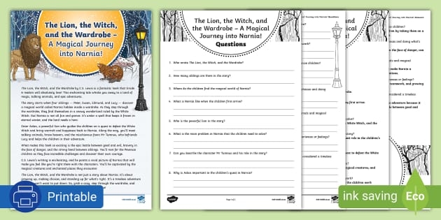 Sixth grade reading worksheet showing character analysis questions based on an excerpt from The Lion, the Witch and the Wardrobe by C.S. Lewis