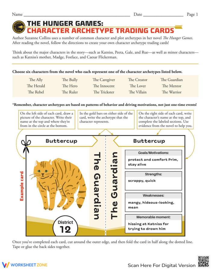 Engaging sixth-grade reading activity on character archetypes Character Archetype Trading Cards worksheet for critical thinking in literature