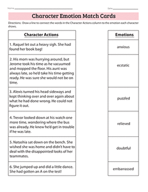 Worksheet 20 emotion recognition cards for elementary students learning to identify character feelings Third grade character emotion matching activity with cartoon figures showing different feelings and corresponding actions