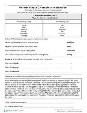 Fifth grade worksheet page for identifying character motivations with sentence frames and a vocabulary list
