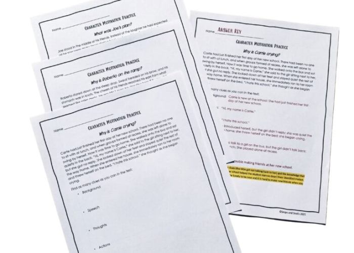 Fifth grade worksheet showing sentence frames and word bank for analyzing character motivation in stories